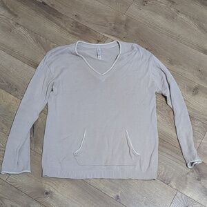 Cruz Natori Sweater Beige Cotton Viscose Lightweight V Neck Gold Sz M